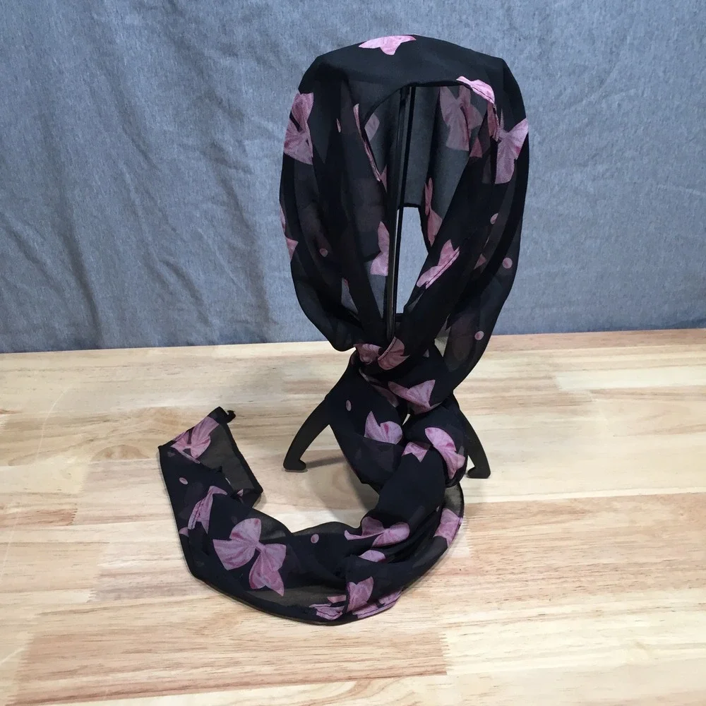 Womens Sheer Black Scarf Pink Bow‎ Polka Dot Print Lightweight Chiffon Style